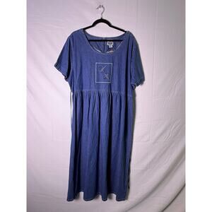 Vintage Proudly Plus Blue Denim Dress Embroidered Dragon Flies Women's Plus 22